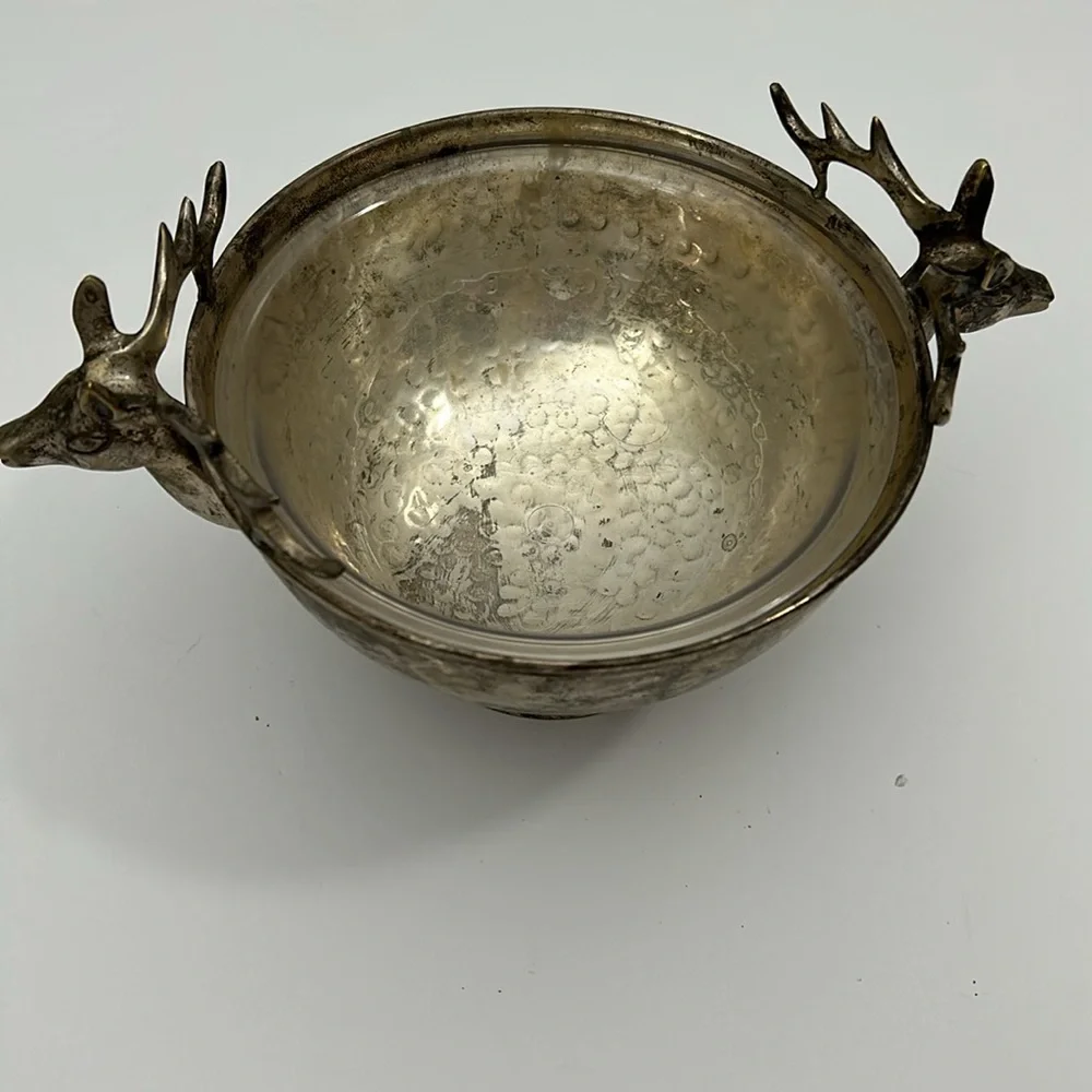 Vintage Silver Plate‎ Hammered Bowl with Stag Handles SKU 1492